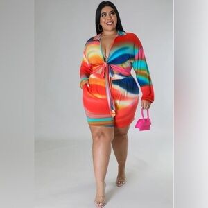 Women’s Plus Size Multi Color Long Sleeve Twist Tie Blouse High Waist Short Set